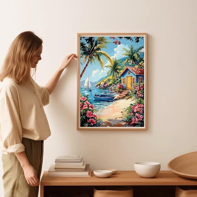 Beach Stamped Cross Stitch Kits for Adults -Flower Embroidery Kits for Beginners Adults,11 CT Patterns Dimensions Counted Cross Stitch Kits for Adults Arts Craft 12x16 inch