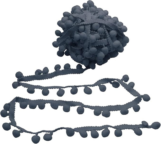 Homiest 10 Yards Pom Pom Trim for Sewing, 1 Inch Wide Dark Grey Ribbon Bundles Textured Fabric Fringe Ribbon, 13mm Ball Pompom Trim for DIY Crafts Curtain Clothes Pillow Home Decoration