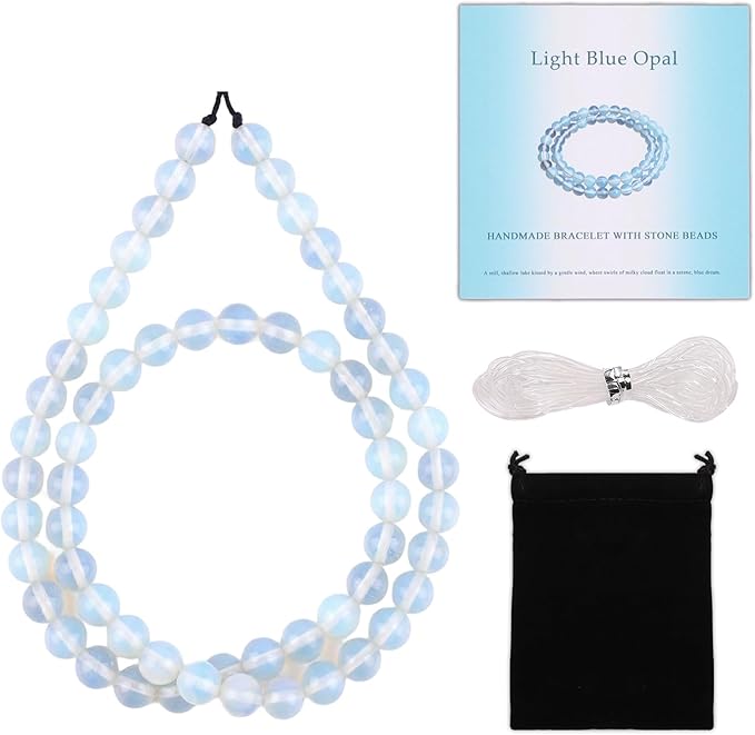 Stone Beads, 60pcs Light Blue Opal, 6mm Round Loose Beads for Jewelry Making, Bracelets, with Bag, String & Card