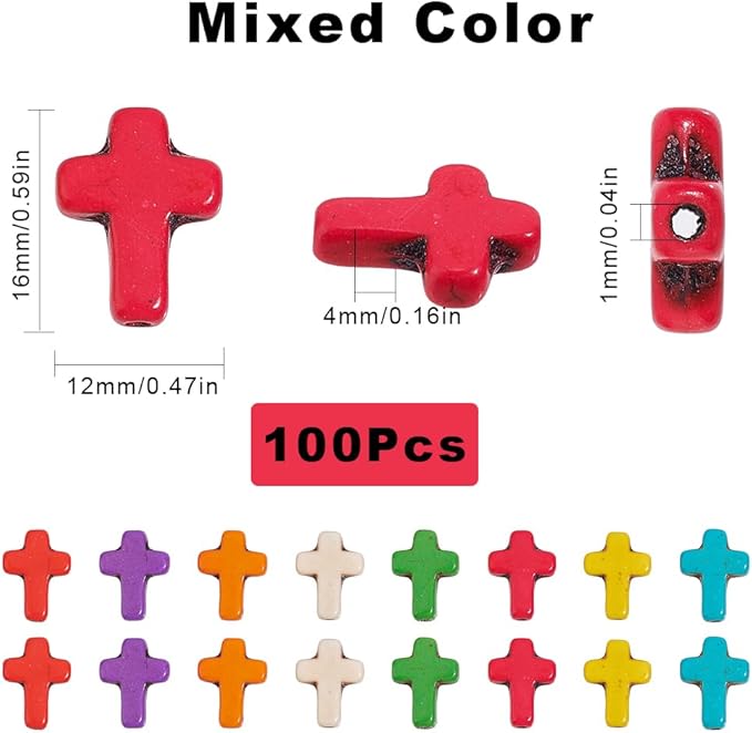 SUNNYCLUE 1 Box 100Pcs Cross Beads Bulk Small Easter Cross Beads Synthetic Magnesite Stone Crucifix Crosses White Red Blue Pocket Quilts Crucifix Charms for Jewelry Making Beading Kit Supplies