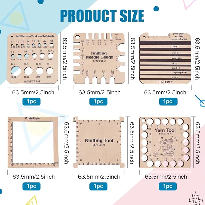 BENECREAT 6 Styles Wood Knitting Gauge Rulers, Crochet Hook and Yarn Wrap Per Inch Guide Knitting Tool for Spinners Yarn Measuring Crochet Accessories