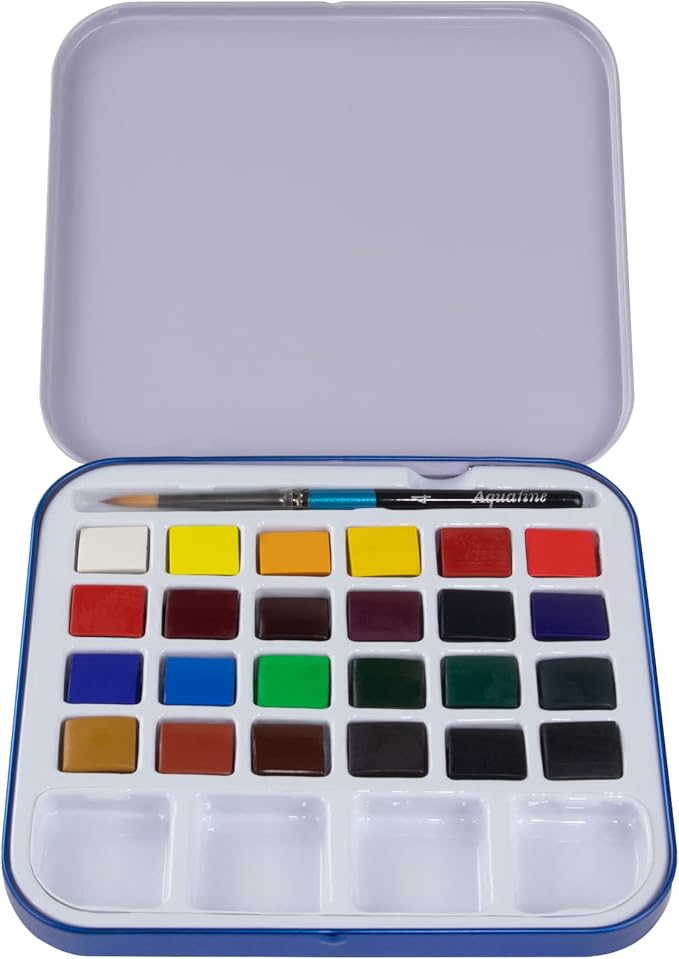 Daler Rowney Aquafine 24-pc Watercolor Travel Set - Watercolor Paint Set for Watercolor Paper and More - Watercolor Set for Artists and Students - Water Color Paint for All Skill Levels