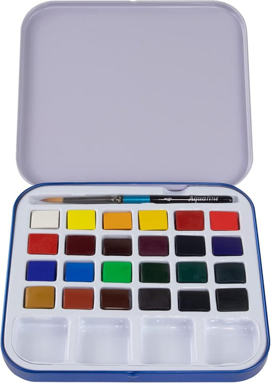 Daler Rowney Aquafine 24-pc Watercolor Travel Set - Watercolor Paint Set for Watercolor Paper and More - Watercolor Set for Artists and Students - Water Color Paint for All Skill Levels