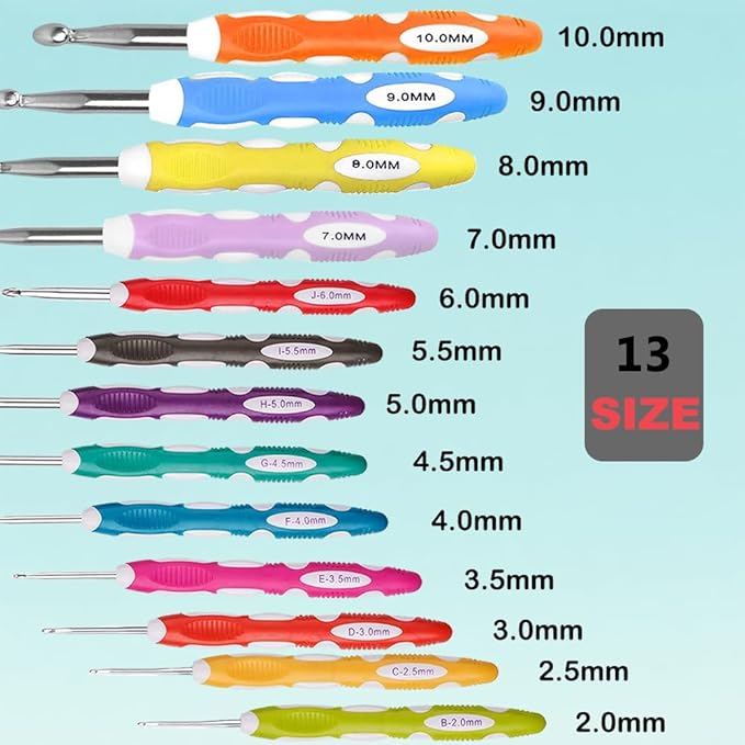 Novelchet 13Pcs Ergonomic Crochet Hook Set with Case, Crochet Hooks for Arthritic Hands,Crochet Hook Size 2mm-10mm (B-N)