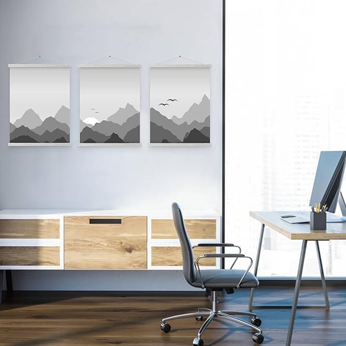 Magnetic Poster Hanger, 18x24 18x12 18x24 Poster Frame Wood Wooden Magnet Print Posters Dowel Scroll Hanger Hangers Hanging Kit for Walls Map Canvas Artwork (Grey, 18")