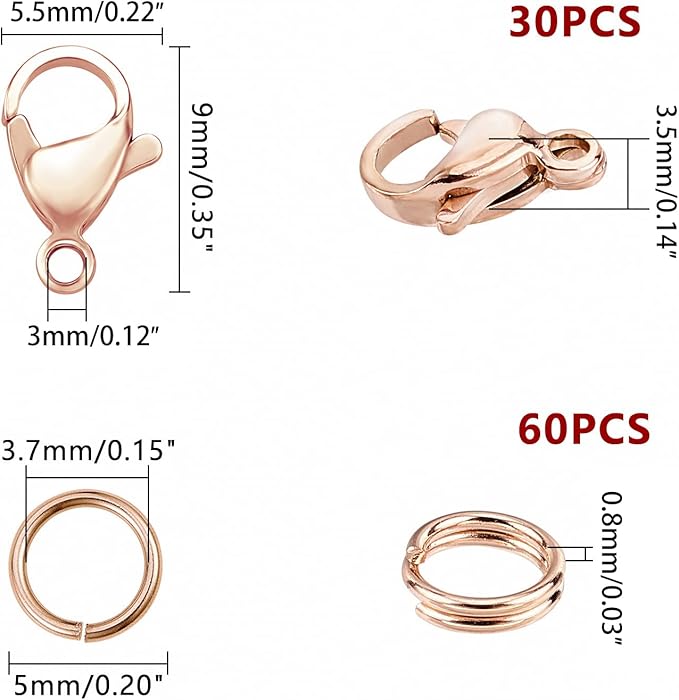 PandaHall 60 pcs 5mm 304 Stainless Steel Jump Rings with 30 pcs Lobster Claw Clasps for Earring Bracelet Necklace Pendants Jewelry DIY Craft Making, Rose Gold