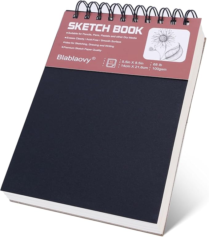 sketch book, 5.5" x 8.5" sketchbook with 60 sheets (68lb/100gsm), 1 pack drawing pad acid free drawing book sketch pad foradults beginners artists (1 pcs black)