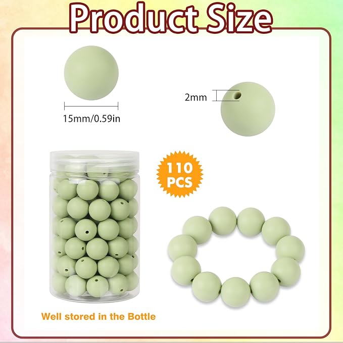 110 Pcs Silicone Focal Beads, EVERMARKET 15mm Silicone Beads for Keychain Making, Round Silicone Beads Bulk with Bottle, Rubber Loose Beads for Pens Crafts Necklace Bracelet Lanyard (Matcha Green)