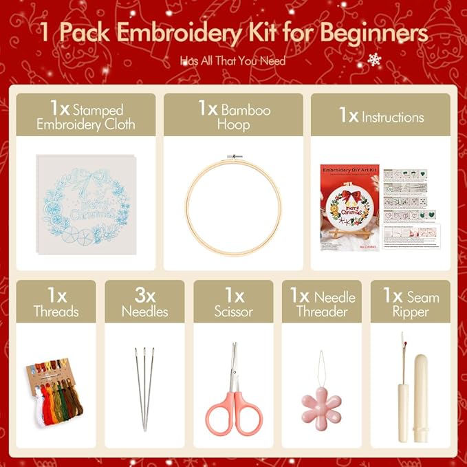 christmas embroidery kits: 1 pack cross stitch kit for beginners adults, diy ornaments craft kit with all tools & instructions, stamped hand embroidery starter kit for holiday crafts & xmas home decor
