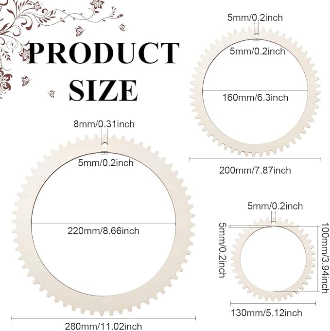 BENECREAT 3 Sizes Wooden Weaving Loom Kit, 5/7.8/11 inch Round Gear Shape DIY Weaving Loom for Hanging Decor Woven Tapestry Knitted Crafts Making, 5mm Thick