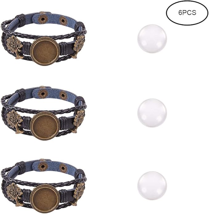 SUNNYCLUE DIY Braided Leather Bracelet Making Kit Multilayer Rope Bangle Cuff Wristband with Blank Alloy Cabochon Bezel Tray, Clear Glass Cabochon 18mm, Button Adjust, Tree