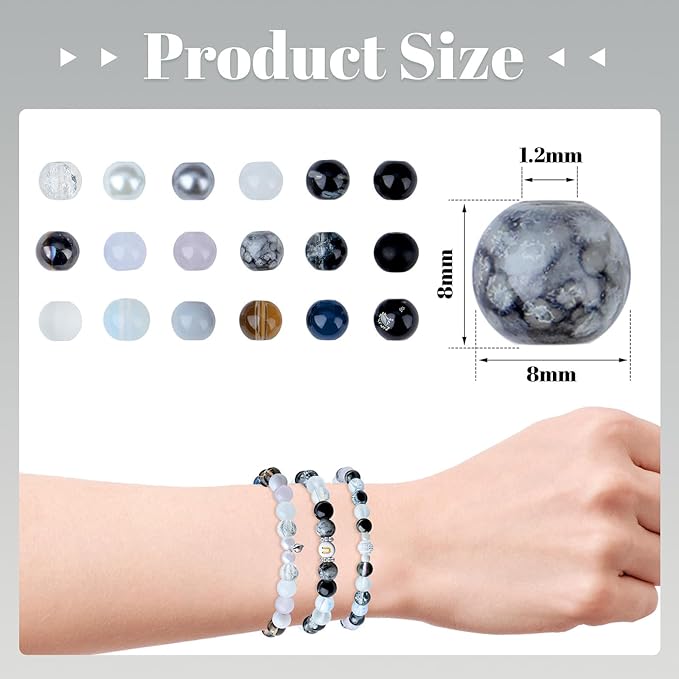 DUQGUHO 8mm Black Beads for Bracelets Black and White Glass Beads for Jewelry Making Glass Round Bead Necklaces DIY Crafts Kit 360PCS