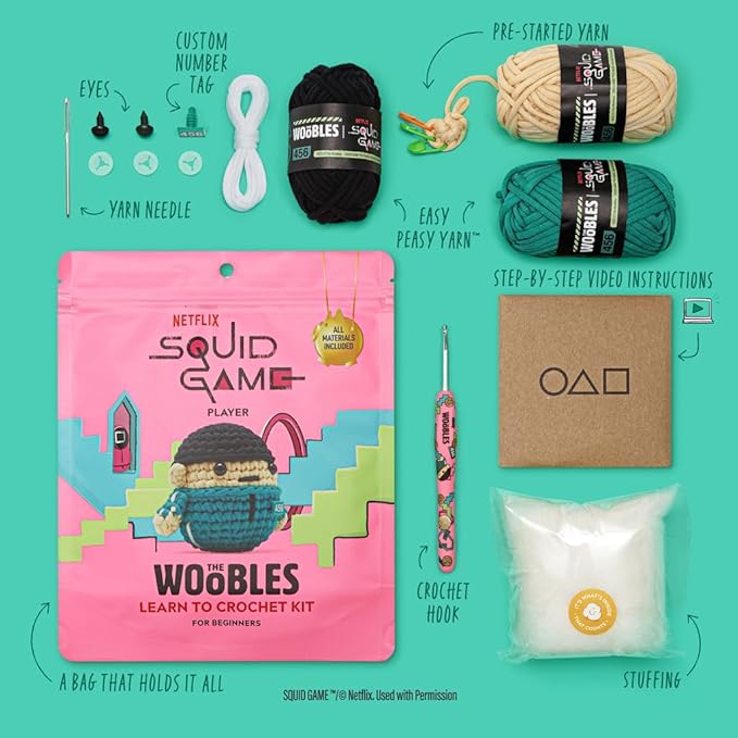 The Woobles Beginners Crochet Kit with Easy Peasy Yarn as seen on Shark Tank - with Step-by-Step Video Tutorials - Squid Game (Player)