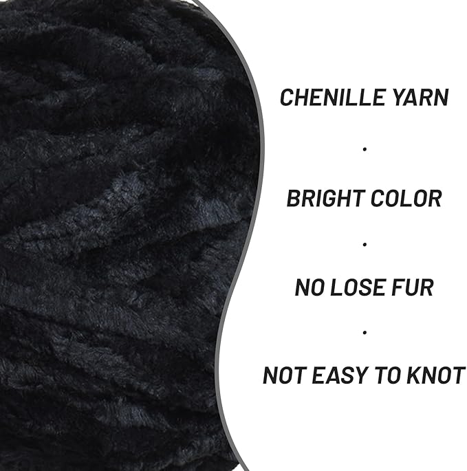 Fuzzy Chunky Chenille Yarn for Crocheting，Soft Plush Yarns for Hand Knitting，Bulky 3x100g（3x49.2 yd） Baby Blanket Yarn for Crocheting Amigurumi，Crochet Fluffy Velvet Yarns (Black)