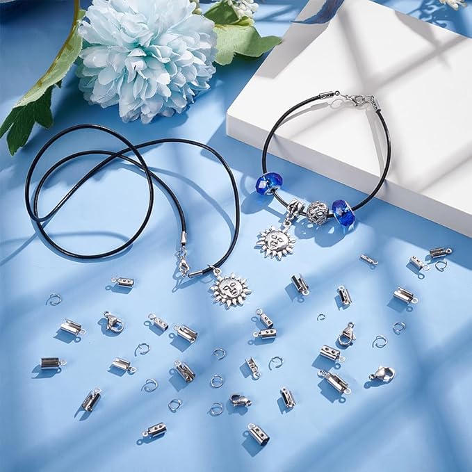 PH PandaHall Jewelry Making Kit, 200 pcs 304 Stainless Steel Fold Over Crimp Cord Ends 200 pcs Jump Rings 50 pcs Lobster Claw Clasps for Earring Bracelet Necklace Jewelry DIY Craft Making, 450 Pcs/Set
