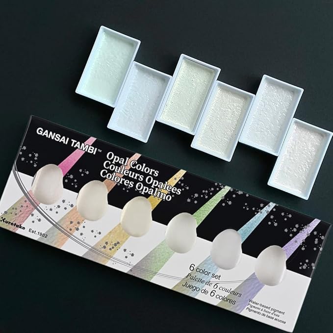 Kuretake GANSAI TAMBI OPAL COLORS, 6 colors set, Watercolor paint for Professional, for artists and crafters,Illustrations, Drawing, Lettering, Made in Japan