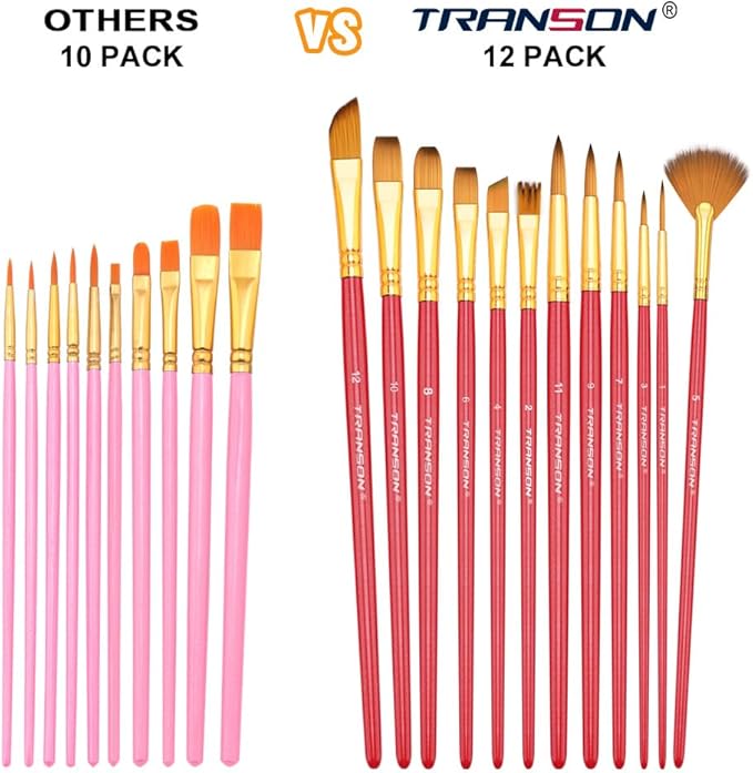 Transon Artist Paint Brush Set of 12 for Acrylic Watercolor Gouache Oil Craft Painting Hot Pink