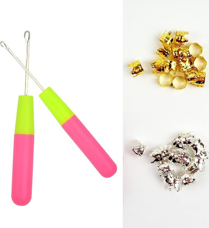 2 Pcs Hair Braiding Tools Set, Latch Hook Crochet Needles with 30 Pcs Metal Hair Braiding Decoration Rings for Hair Extensions, Braids and Dreadlocks Styling