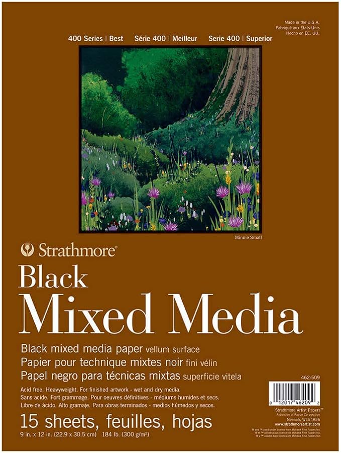 Strathmore 400 Series Mixed Media Paper, Black, Foldover Pad, 9x12 inches, 15 Sheets (184lb/300g) - Artist Paper for Adults and Students - Watercolor, Gouache, Graphite, Ink, Pencil, Marker
