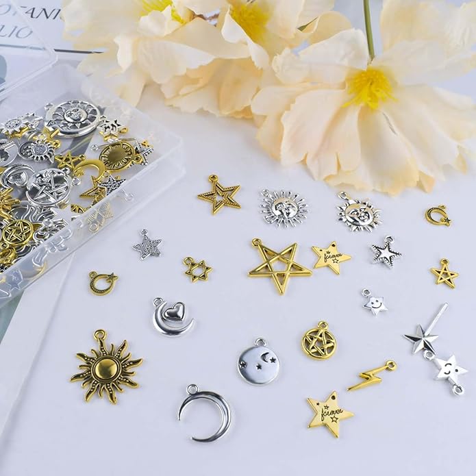 110 Pieces Sun and Moon Charms for Jewelry Making - Alloy Moon Pendants, Vintage Star Celestial Charms for Necklace, Bracelet, Earrings - Antique Silver Pendant Craft DIY Jewelry Making Supplies