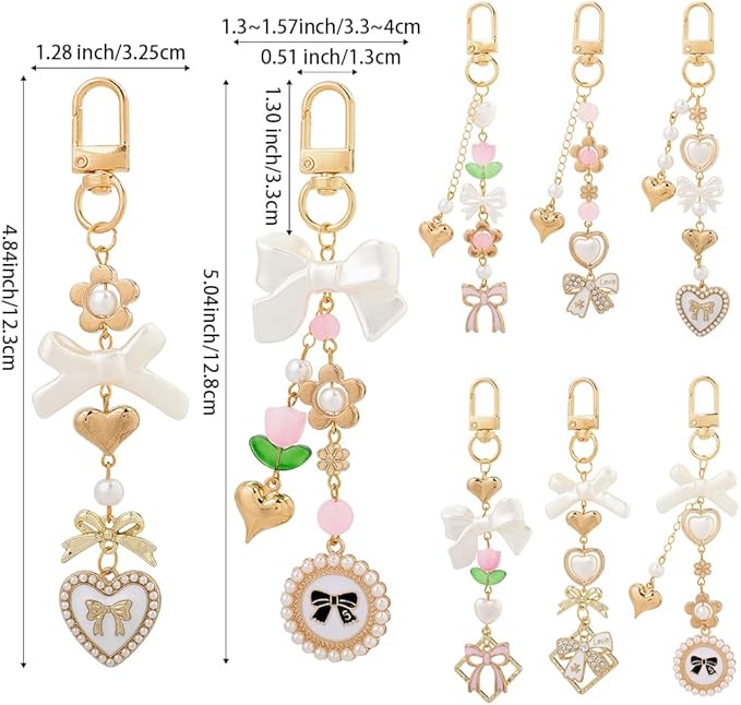 SUNNYCLUE 1 Box 156Pcs DIY 8 Sets Keychain Making Kit Bows Key Chain Charm Bead Kit Bowknot Beads Bulk Imitation Pearls Flower Bow Heart Swivel Key Rings for Jewelry Making Crafts Keyrings Supplies