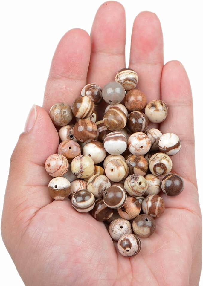 bymitel 90pcs natural crystal beads stone gemstone round energy healing loose beads with stretch cord for jewelry making bracelets anklets (brown zebra jasper, 10mm 90pcs)