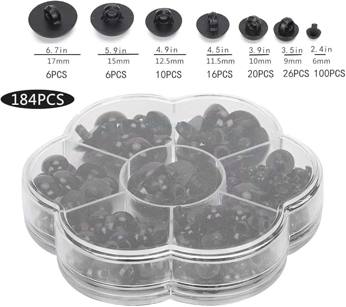 Watris Veiyi 184PCS Plastic Safety Eyes, Stuffed Animal Eyes, Black Crochet Eyes, Craft Doll Toys Eyes, Mushroom Domed Sewing Buttons for Amigurumi Stuffed Doll Plush Animal Puppet