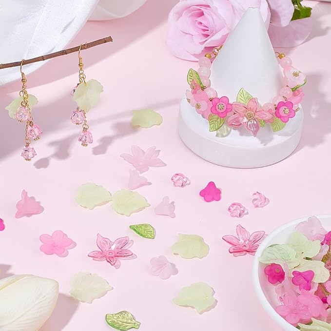 500Pcs Acrylic DIY Flower Leaf Beads Kits Including Assorted Pink Flower Loose Beads Maple Leaf Pendants Charms Acrylic Floral Caps for Earring Bracelet Necklace Craft Jewelry Making