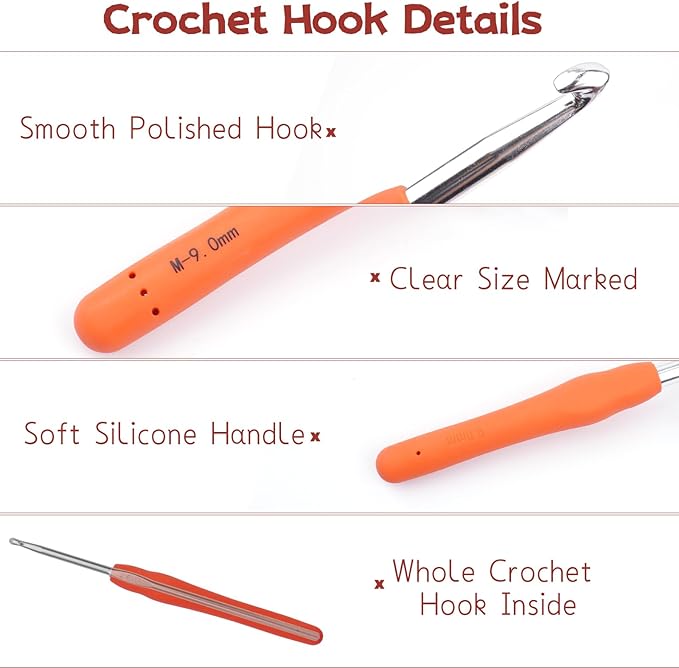 BsHooker 22 Sizes Crochet Hooks Set with Storage Case,0.5mm-10mm Crochet Hooks with Ergonomic Soft Handle for Arthritic Hands,Crochet Kit for Beginners,Red