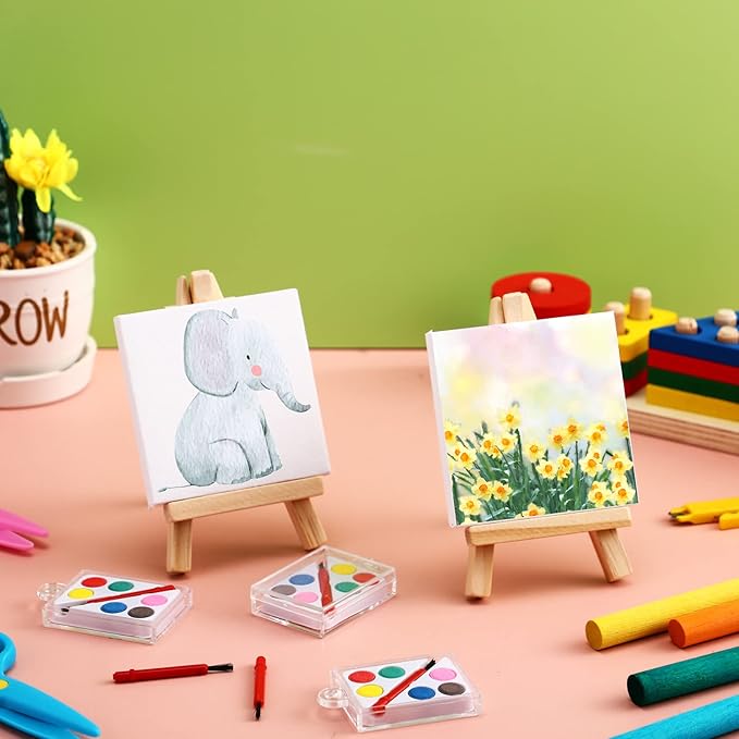 24 Sets Mini Paint Canvas Kit Mini Acrylic Art Party Favor Watercolor Painting Set with Panel Wood Easel Small Art Strips Palettes Brush for Kids Adults School Classroom Party Supplies Birthday Gift