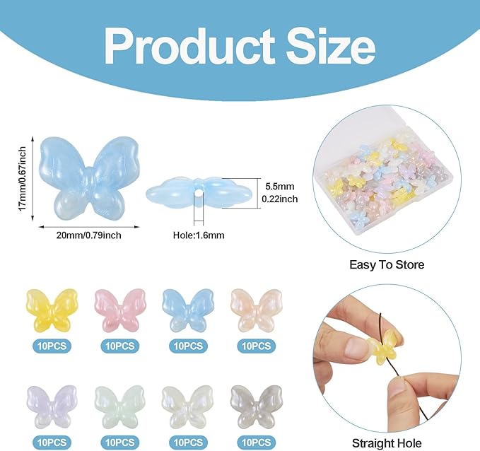 FASHEWELRY 80pcs Acrylic Butterfly & Pony Beads - Assorted Cute Kawaii Animals, Glitter, Colorful Kandi Bracelet & Necklace Beads for Jewelry Making