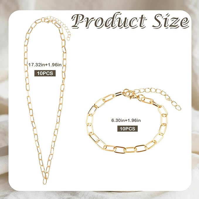 20 Pcs 18K Gold Plated Necklace Bracelet Chain Kit, Paperclip Alloy Link Fit Clip on Charm, Charm Bracelet Necklace Kit for Women DIY Jewelry Making (Gold)