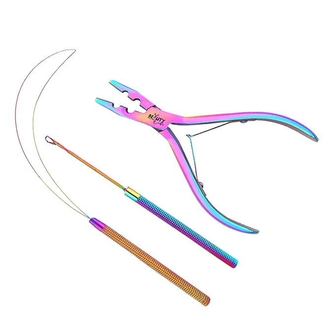 Beauty & Crafts Micro Links Hair Extensions Kit- Stainless Steel Beads Closer and Remover plier, Hair Extensions Loop Needle Pulling Hook, Bead Tool for Hair or Feather Extensions with Leather Pouch