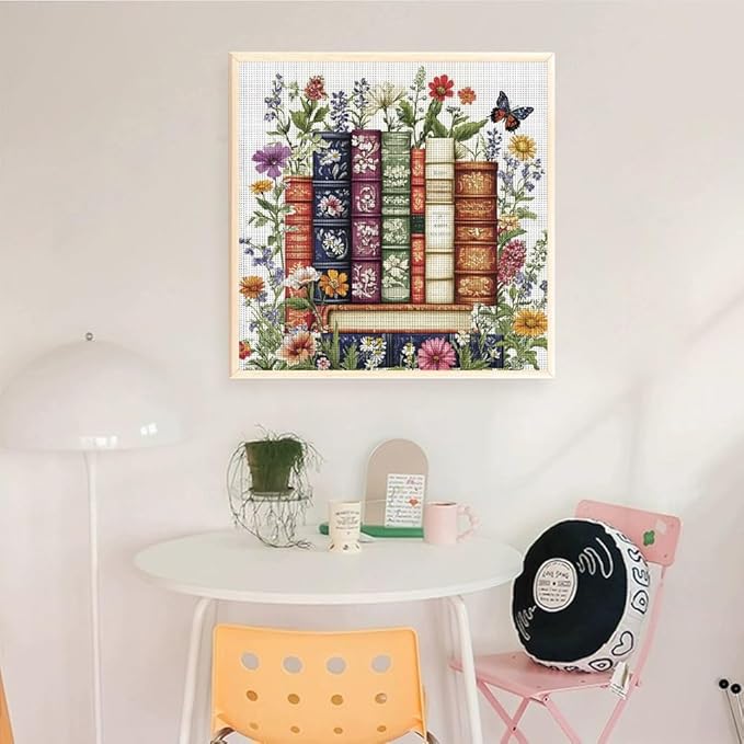 KYOQFVN Flower Stamped Cross Stitch Kits - Book Counted Cross Stitch Kits for Beginners, Needlepoint Cross-Stitch Patterns Dimensions for Home Decor 14×14 Inch