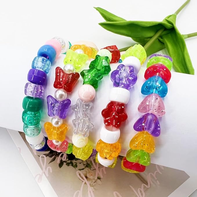 MIIIM 1000Pcs 6x9mm Pony Beads Shapes in 5 Styles 21 Colors, Heart, Star, Butterfly, Flower, Assorted Kandi Beads for Friendship Bracelet, Big Hole Hair Braids Crafts, Jewelry Making (Multi-Glitter)
