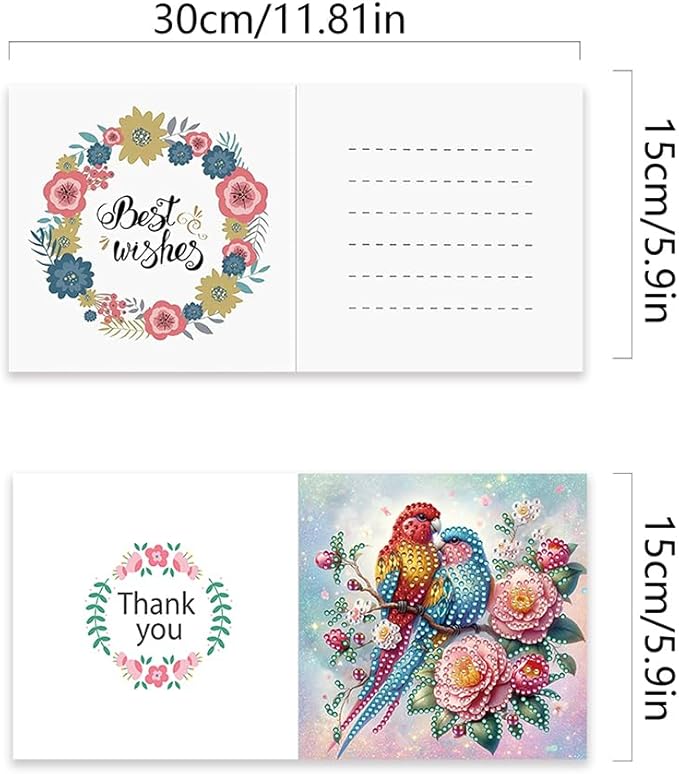 6 Pack 5D DIY Diamond Painting Parrot On Tree Greeting Card Kit, Diamond Art Christmas Birthday Holiday Greeting Card, Art Crafts Kit Creative Gift with Envelope