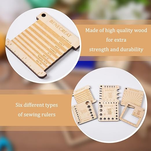 BENECREAT 6 Styles Wood Knitting Gauge Rulers, Square Crochet Hook and Yarn Wrap Guide Board Knitting Tool for Knitting Needle Spinners Yarn Measuring Crochet