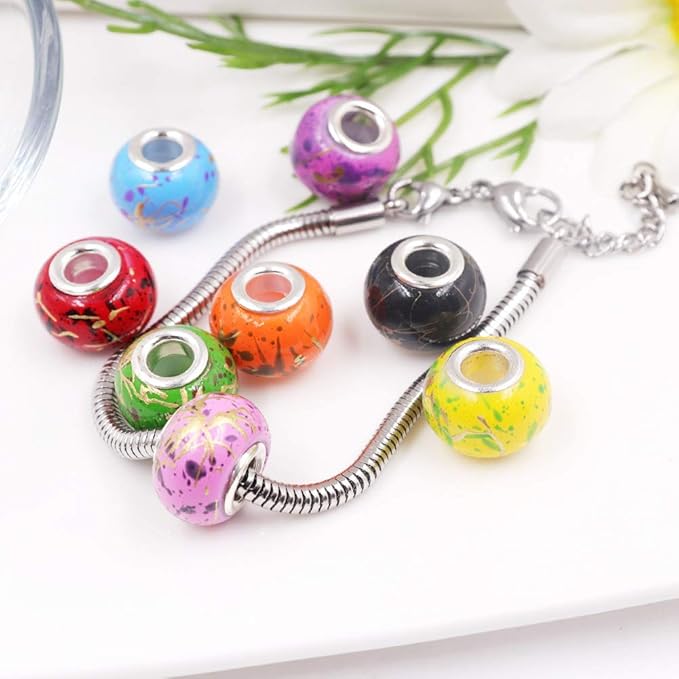 AIPRIDY 100Pcs 15x11mm Painting Murano Large Hole Glass Beads Mix Color with Silver Brass Cores European Charm fit Bracelet Necklace (Golden line)