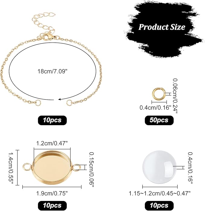 NBEADS 10 Sets Bracelet Making Kit - Gold Tray with 10 Pcs Stainless Steel Chain, Jewelry Bezel Base, Glass Cabochons & 50 Pcs Jump Rings