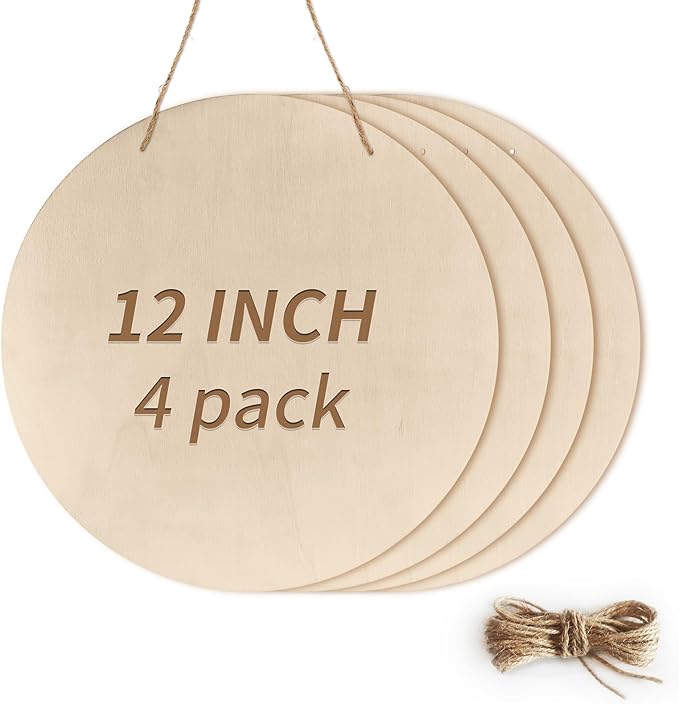 12 Inch Unfinished Wood Circles for Crafts, Wood Rounds Plaques for Cricut Crafts, Wooden Discs for Door Hanger Sign, Painting, Wood Burning, Christmas Home Décor(4Pcs Circle with Holes)