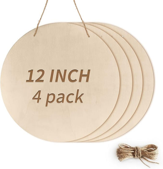12 Inch Unfinished Wood Circles for Crafts, Wood Rounds Plaques for Cricut Crafts, Wooden Discs for Door Hanger Sign, Painting, Wood Burning, Christmas Home Décor(4Pcs Circle with Holes)