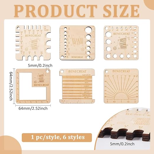 BENECREAT 6 Styles Wood Knitting Gauge Rulers, Square Crochet Hook and Yarn Wrap Guide Board Knitting Tool for Knitting Needle Spinners Yarn Measuring Crochet