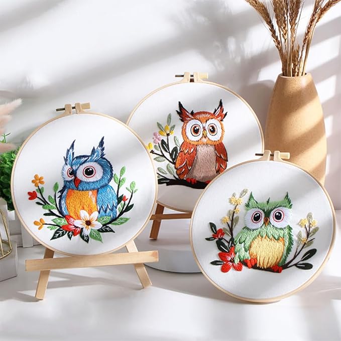 COCOMOX 3 Sets Embroidery Kit, Hand Embroidery Stiches Practice Kit for Beginners Adults, Owl Embroidery Kit Craft Lover Hand Stitch with Embroidery Skill Techniques