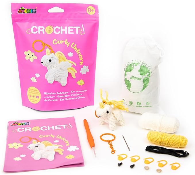 Avenir Beginner Crochet Kit for Adults & Teens - Small Portable Animals Kit with Keychain, Complete Supplies & Video Tutorials, Perfect Arts & Crafts Gift for Women & Girls (Curly Unicorn)