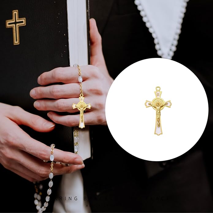 24Pcs/12Sets Rosary Kits Making Supplies Religious Cross and Center Medal Charm Alloy Enamel Saint Benedict Crucifix Pendant Beads for Adults Diy Catholic Jewelry