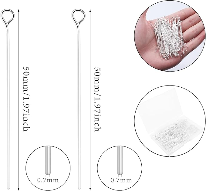 200 Pcs 50mm Straight Eye Pins for Craft Earring Bracelet Necklace Pendant DIY Jewelry Making, Silver Color