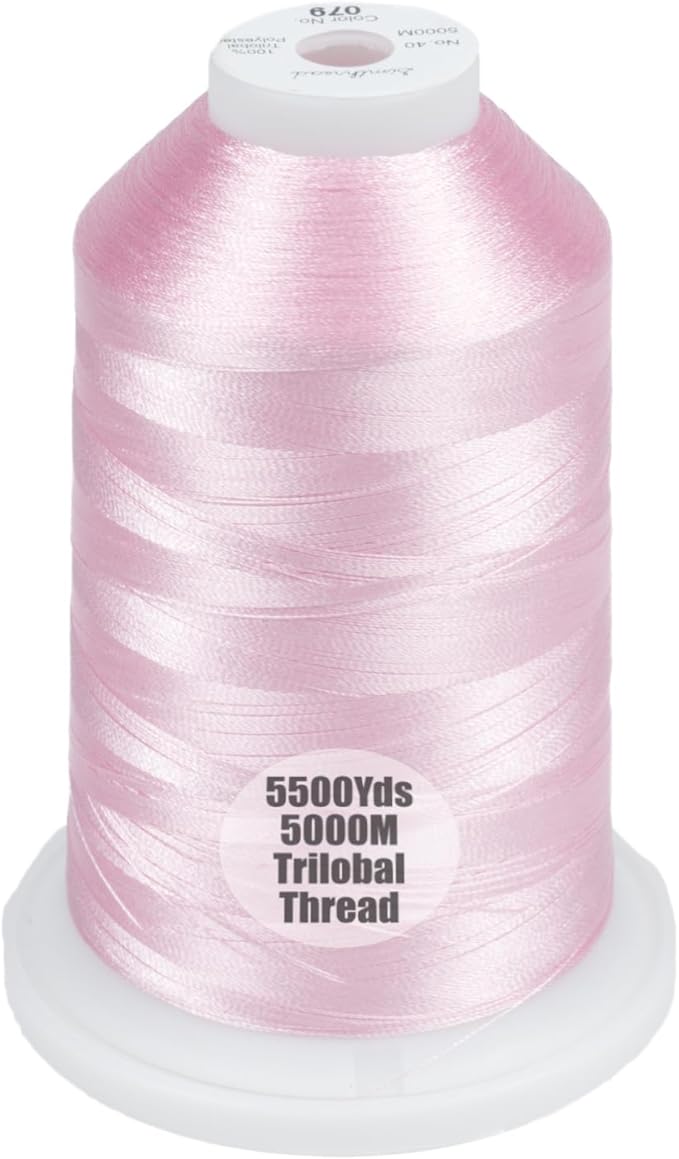 Simthread Trilobal Polyester Thread – 5000M (5500yds) No.40 – Super Sheen, Tangle-Free – Built-in Thread Lock Spool – Compatible with Brother, Singer, Janome & More, Salmon Pink-079