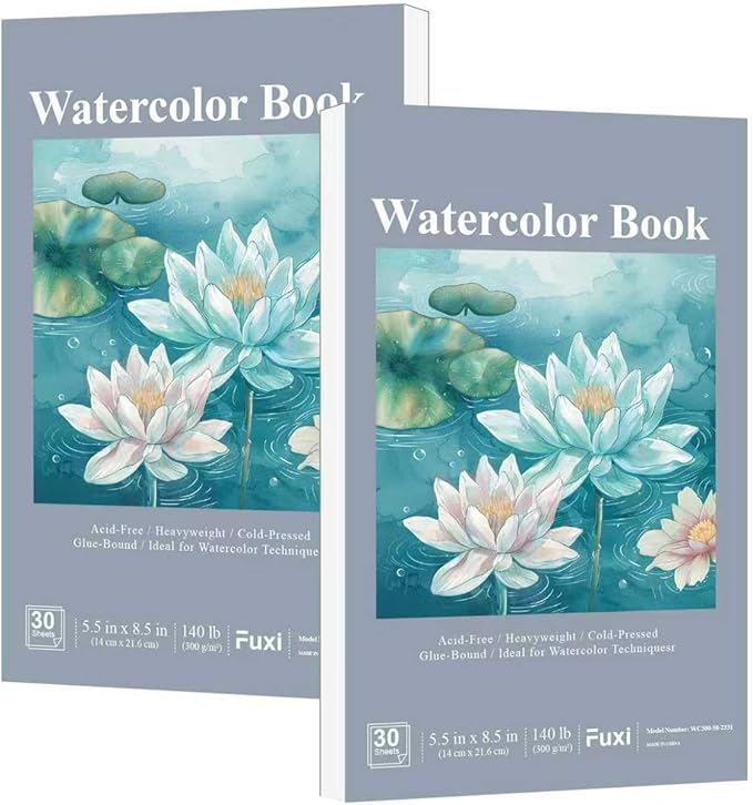 Fuxi Small Watercolor Sketchbook, 2-Pack - 5.5" x 8.5" | 140lb/300gsm Cold Press Watercolor Paper, 30 Sheets Per Pad.