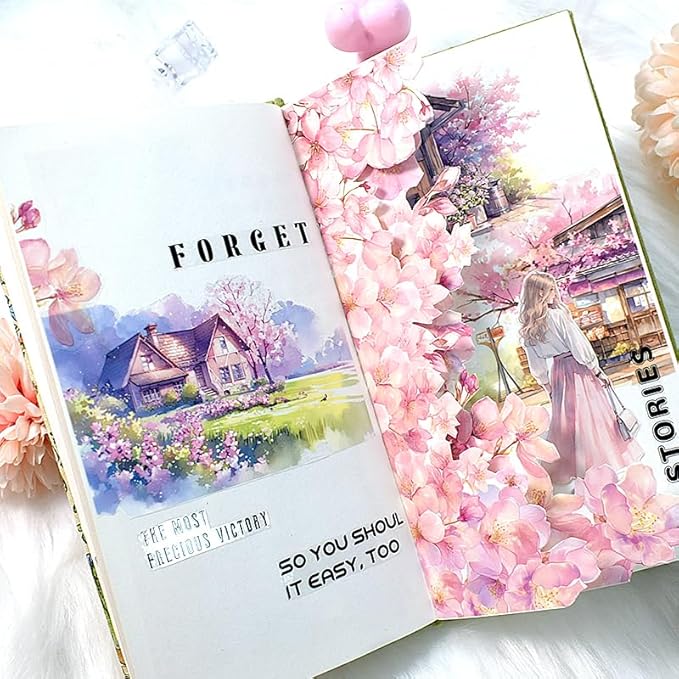 Love's Journey Scrapbook Stickers, Precut Journal Stickers Book for Junk Journaling, PET and Paper Materials, Seasons Landscape Girl People Stickers for Scrapbooking Supplies, A5