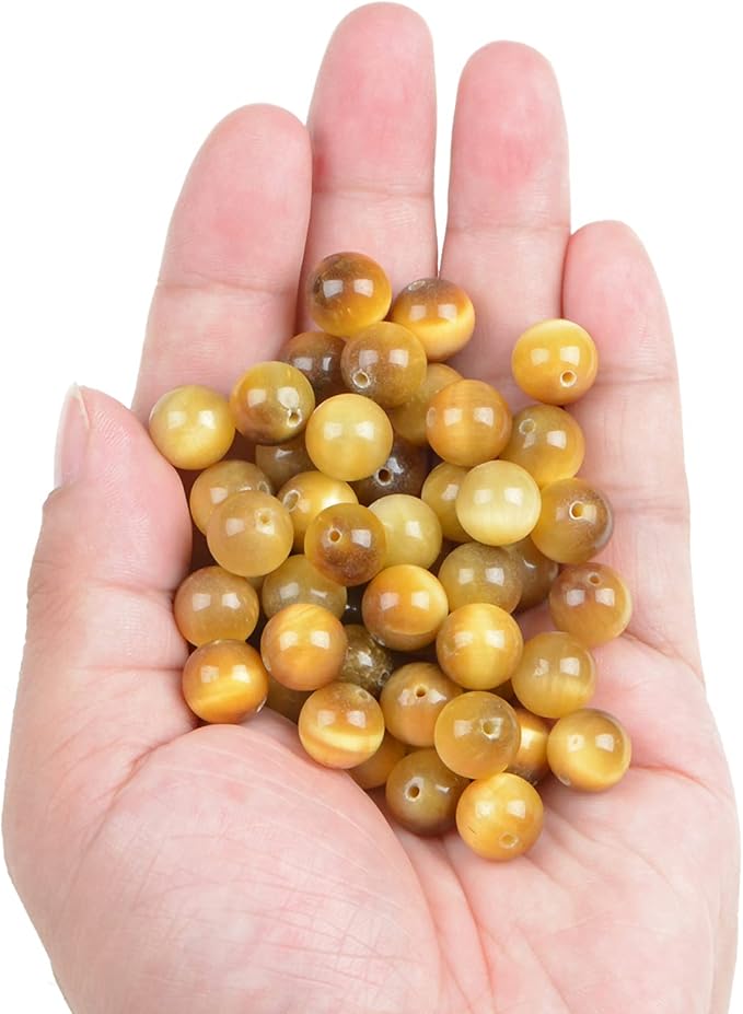 bymitel 90pcs crystal beads stone gemstone round energy healing loose beads with stretch cord for jewelry making bracelets anklets (light yellow tiger's eye, 10mm 90pcs)
